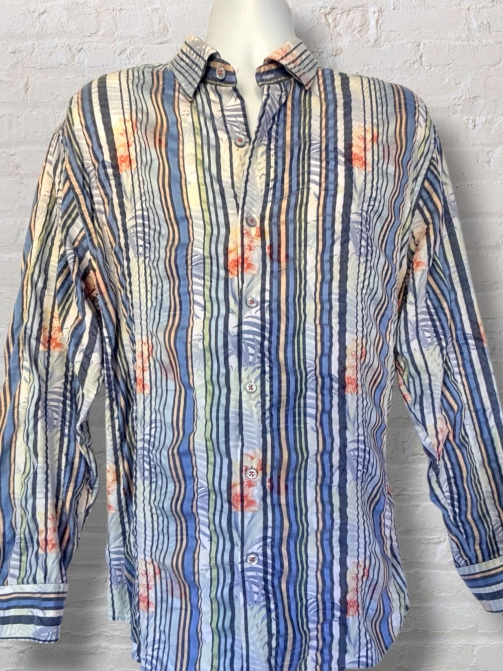 Tommy Bahama XL Floral Stripe Button Up Shirt Blue Tropical Crinkle Cotton Blend